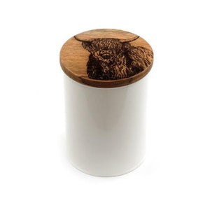 White Metal Canister With Engraved Wooden Highland Cow Lid - Various Sizes