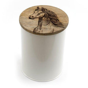 White Metal Canister With Engraved Wooden Horse Lid - Various Sizes