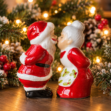 Load image into Gallery viewer, Ceramic Kissing Mr &amp; Mrs Clause Salt and Pepper Set
