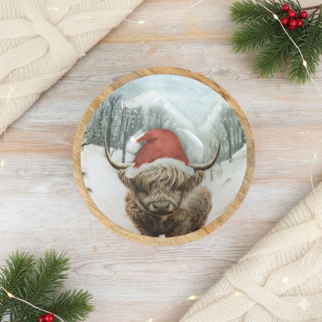 Mango Wood Festive Highland Cow With Santa Hat Serving Bowls - Various Sizes