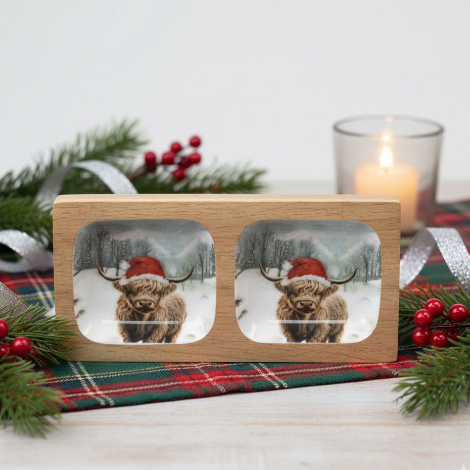 Mango Wood Festive Highland Cow Double Serving Tray