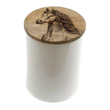 Load image into Gallery viewer, White Metal Canister With Engraved Wooden Horse Lid - Various Sizes
