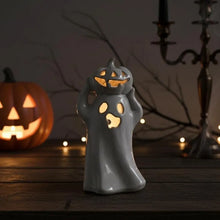 Load image into Gallery viewer, Porcelain Ceramic LED Light Up Ghost With Pumpkin Ornament - Derbyshire Gift Centre
