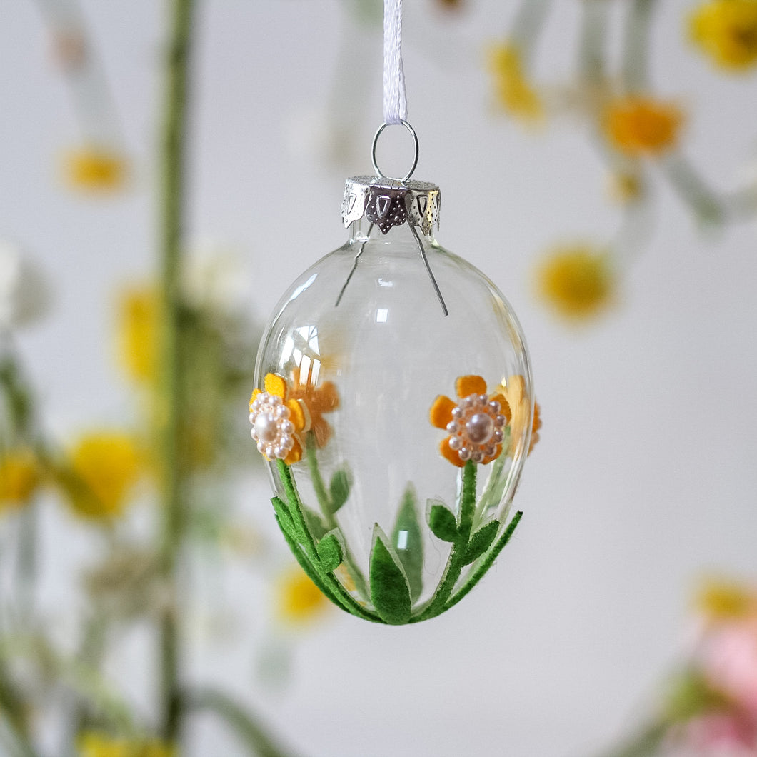 Glass Easter Egg Ornament With Applique Daisy