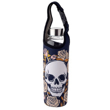 Load image into Gallery viewer, Skulls &amp; Roses Reusable Glass Water Bottle with Protective Neoprene Sleeve
