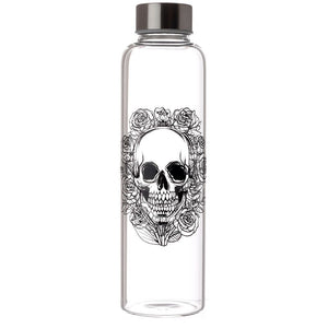 Skulls & Roses Reusable Glass Water Bottle with Protective Neoprene Sleeve