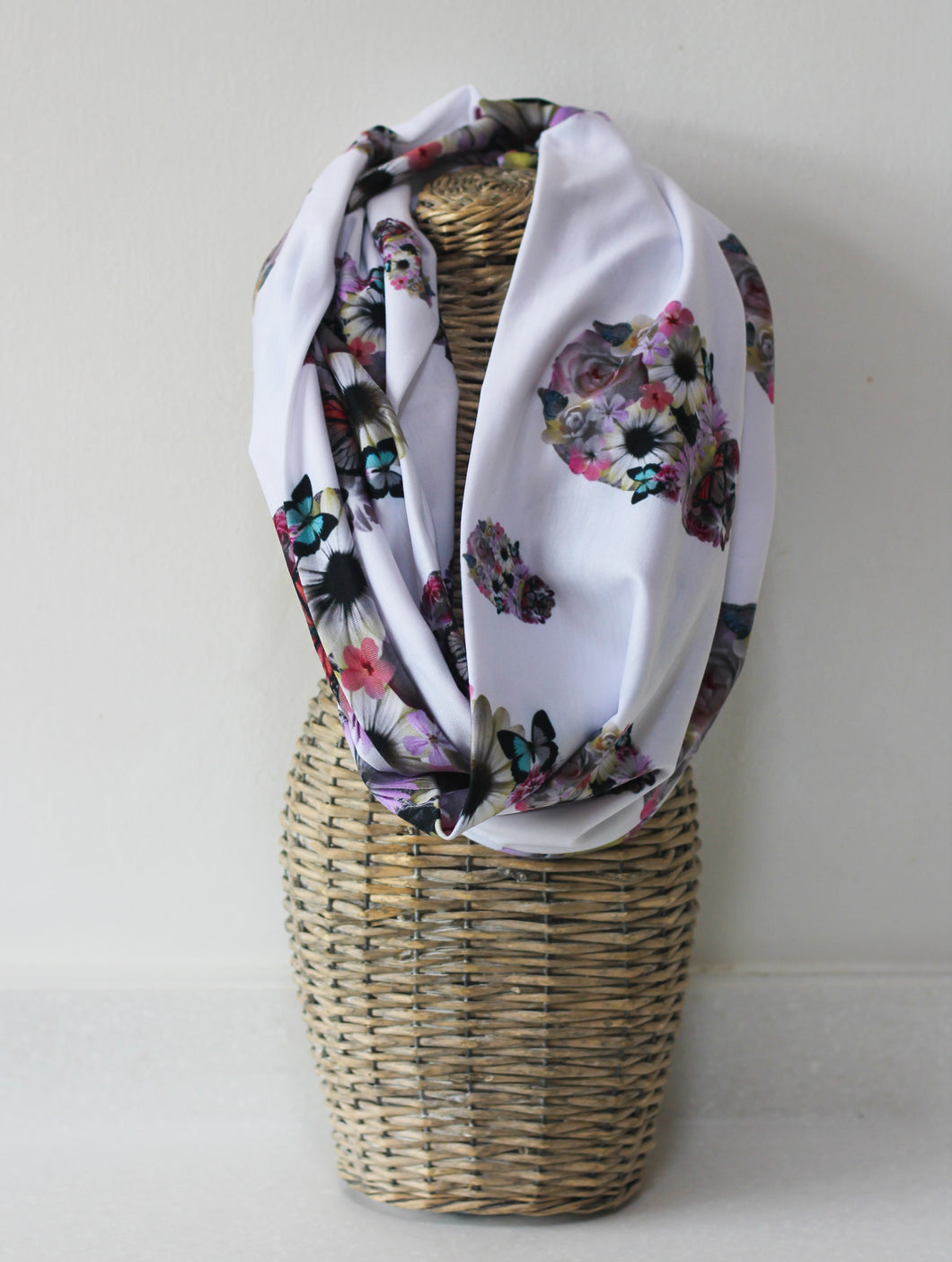 White Floral Skull Infinity Scarf