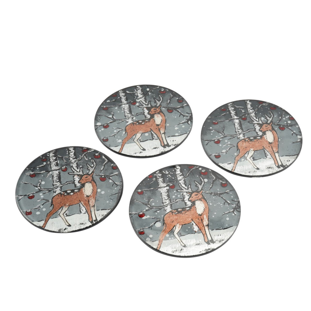 Winter Stag Round Glass Coasters - Set of 4