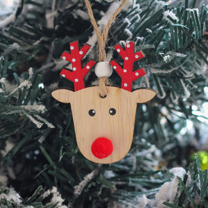 Wooden Reindeer Ornament With Red Polka Dot Ears & Pom Pom Nose
