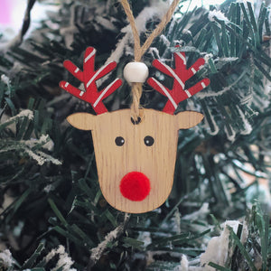 Wooden Reindeer Ornament With Red Striped Ears & Pom Pom Nose