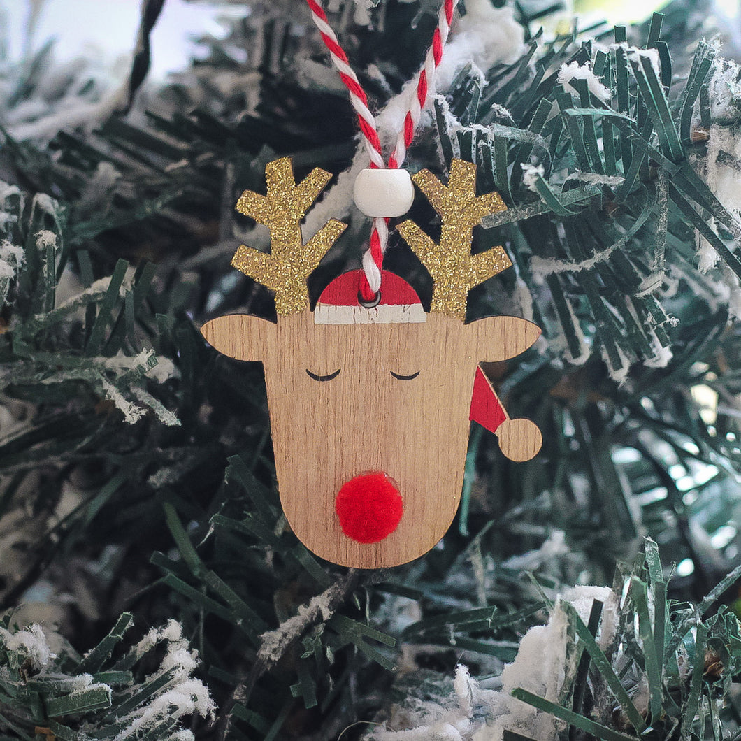 Wooden Reindeer Ornament With Sparkly Antlers & Santa Hat