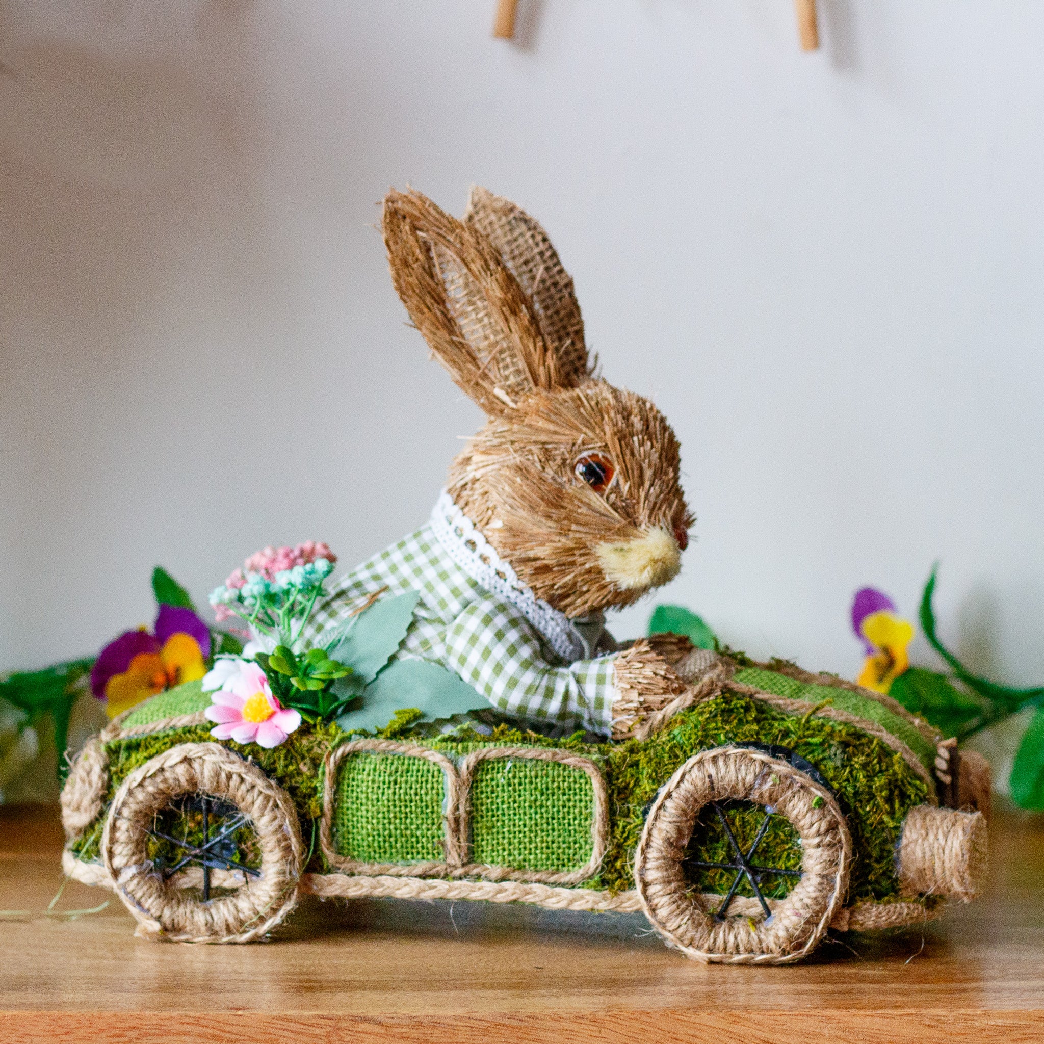 Bristle Easter Bunny In Racing Car – Derbyshire Gift Centre