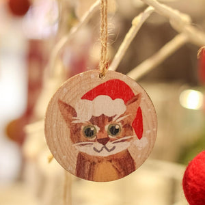 Wooden Festive Cat Ornament