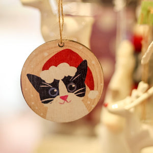 Wooden Festive Cat Ornament