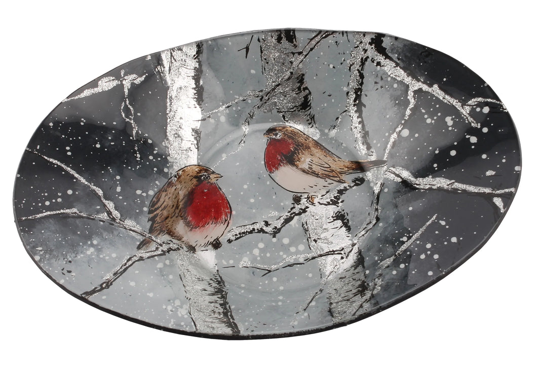 Winter Robin Glass Oval Bowl - Large