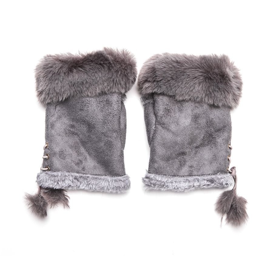 Faux Fur Fingerless Gloves - Grey