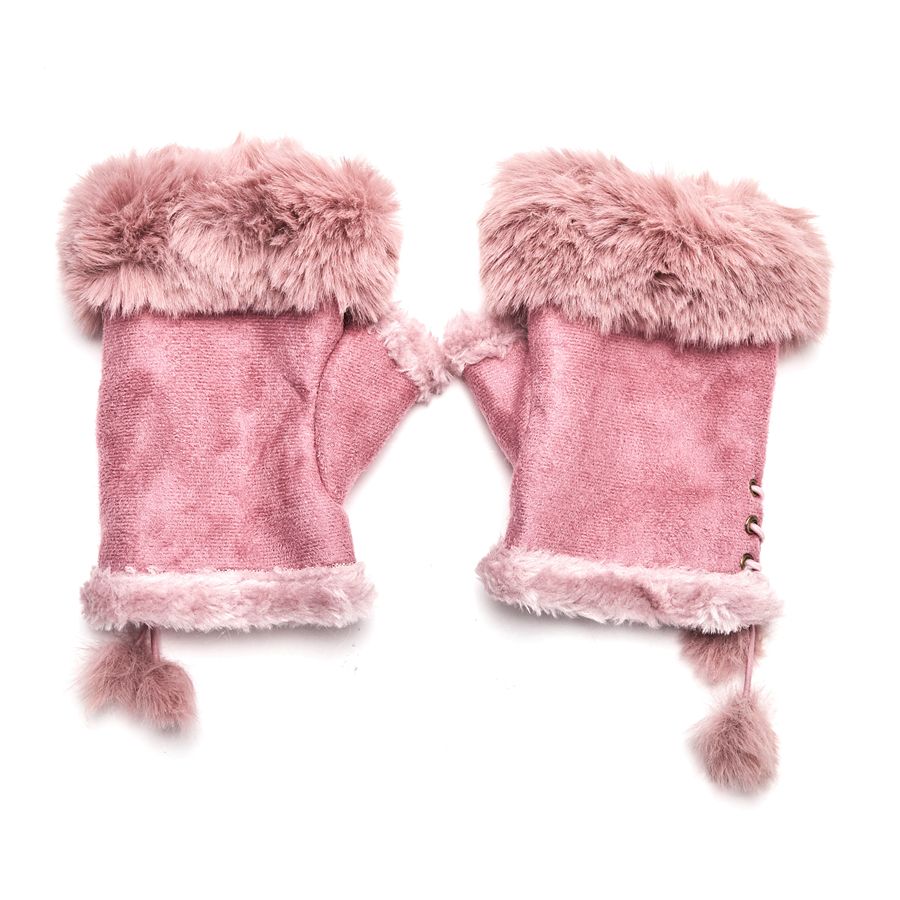 Faux Fur Fingerless Gloves - Pink